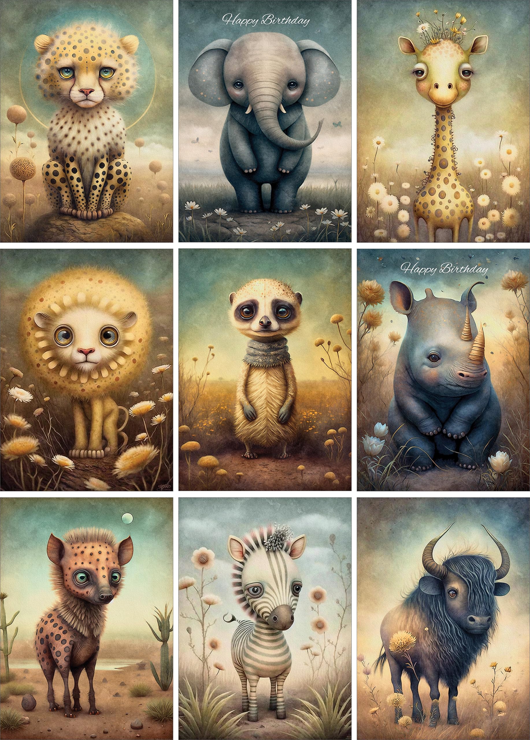 Wild And Arty Savana Animals Greeting Cards - Pack of 9 Small A6 - Blank Inside