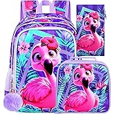 UFNDC 3PCS Girls Flamingo Bookbag, 16" Kids Bookbag with Lunch Box, Water Resistant School Bag for Elementary Preschool Toddler