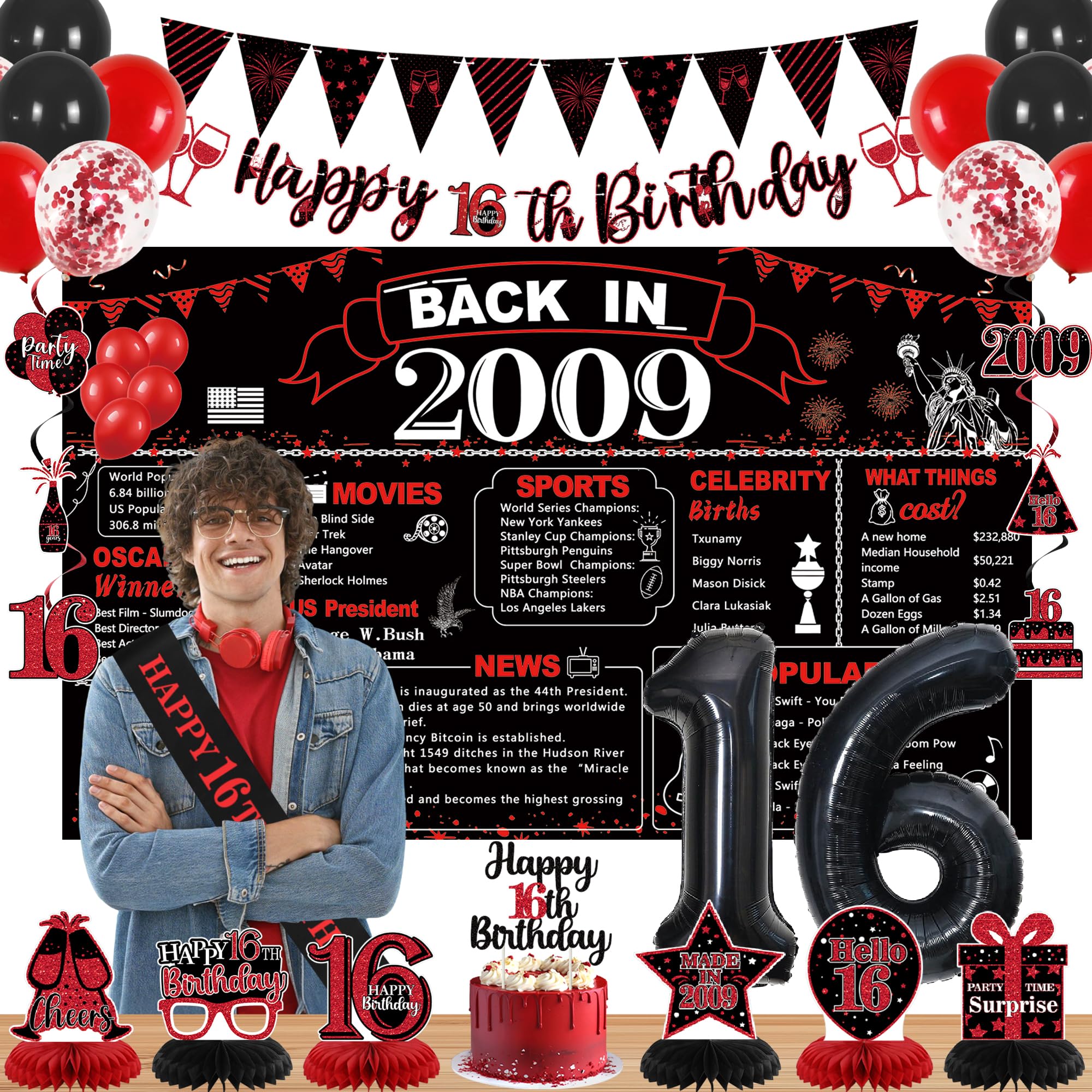 Photo 1 of DARUNAXY 16th Birthday Party Decorations for Boys, Red Back in 2009 Banner, Black 16 Number Balloons & Cake Topper, Vintage 2009 Sweet 16 Birthday Honeycomb Hanging Swirl Confetti Balloons(30PC)