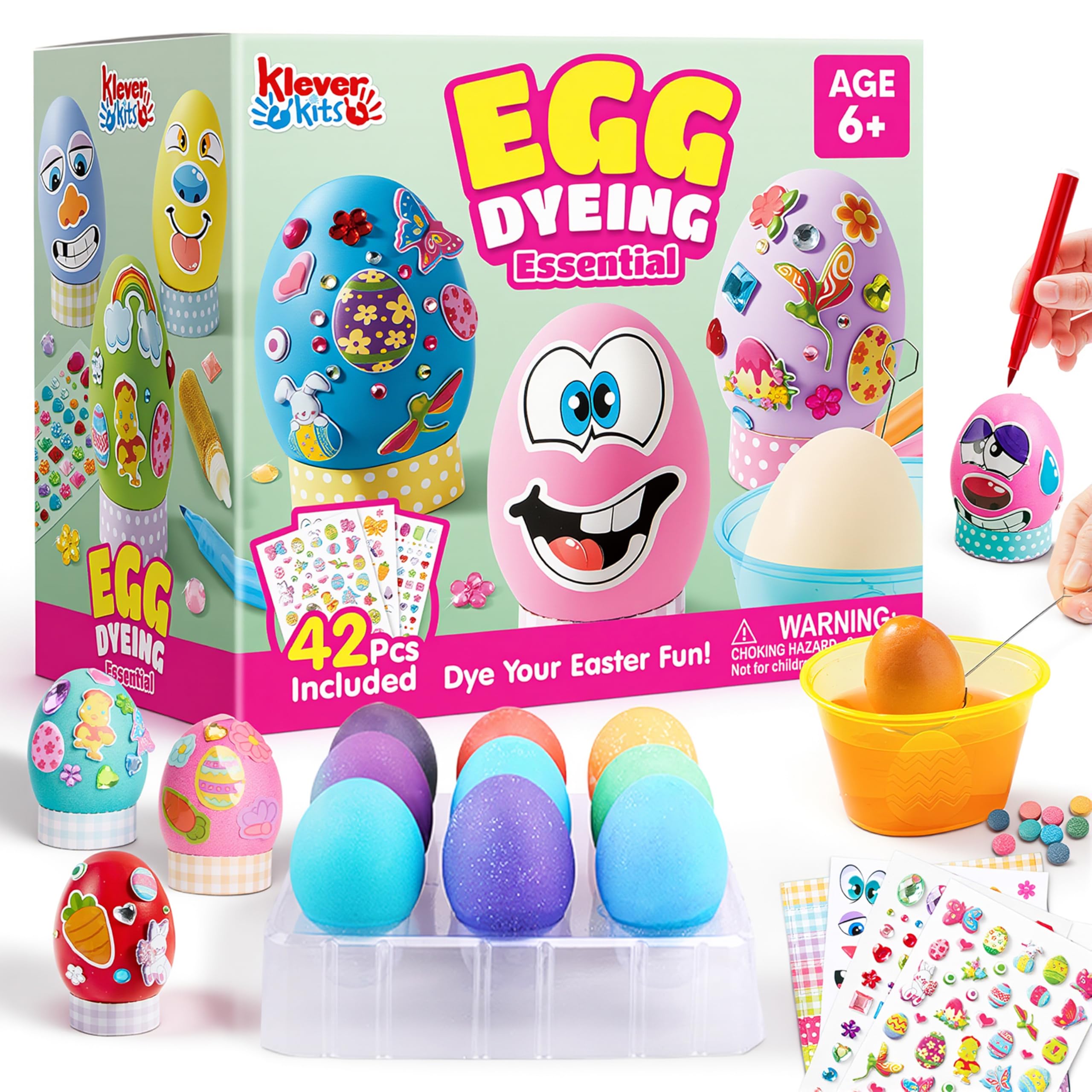 Klever 41 Pcs Easter Egg Decorating DIY Kit with Dye Tablets and Easter Stickers, Coloring Dyeing Set for Kids Theme Party, Egg Hunt Creativity Activity