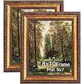Pequecom 8x10 Vintage Gold Picture Frame, 2 Pack Ornate Victorian Frames for Wall with Real Glass, Display Art 5x7 with Mat or 8x10 without Mat for Gallery Wall