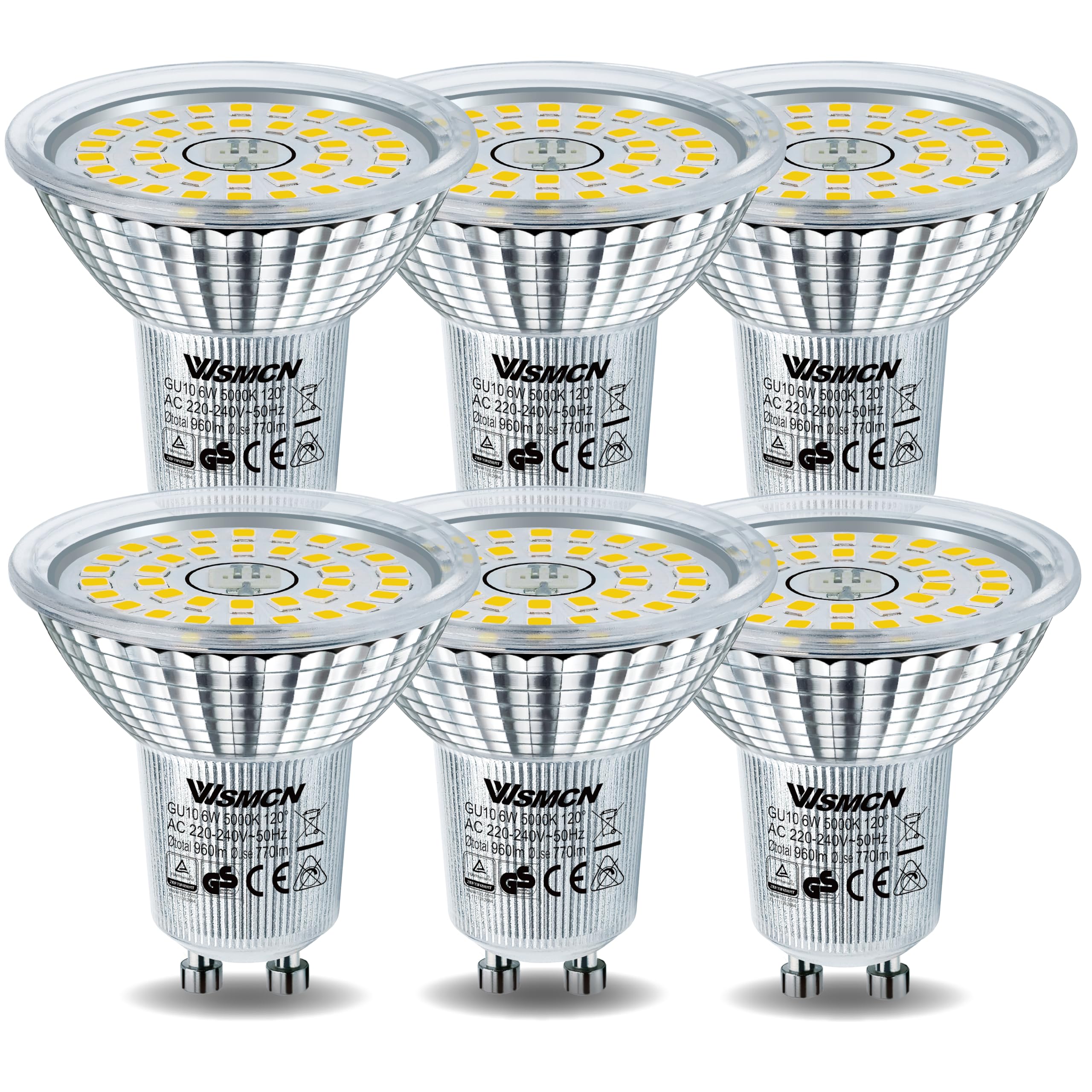 WSMCN GU10 LED Bulbs 6W, Daylight White 5000K 770lm, 100W Halogen Bulb Equivalent, Energy Saving Light Bulbs, PAR16 Spotlight Bulb, 120°Beam Angle, Non Dimmable, Pack of 6 — image 1