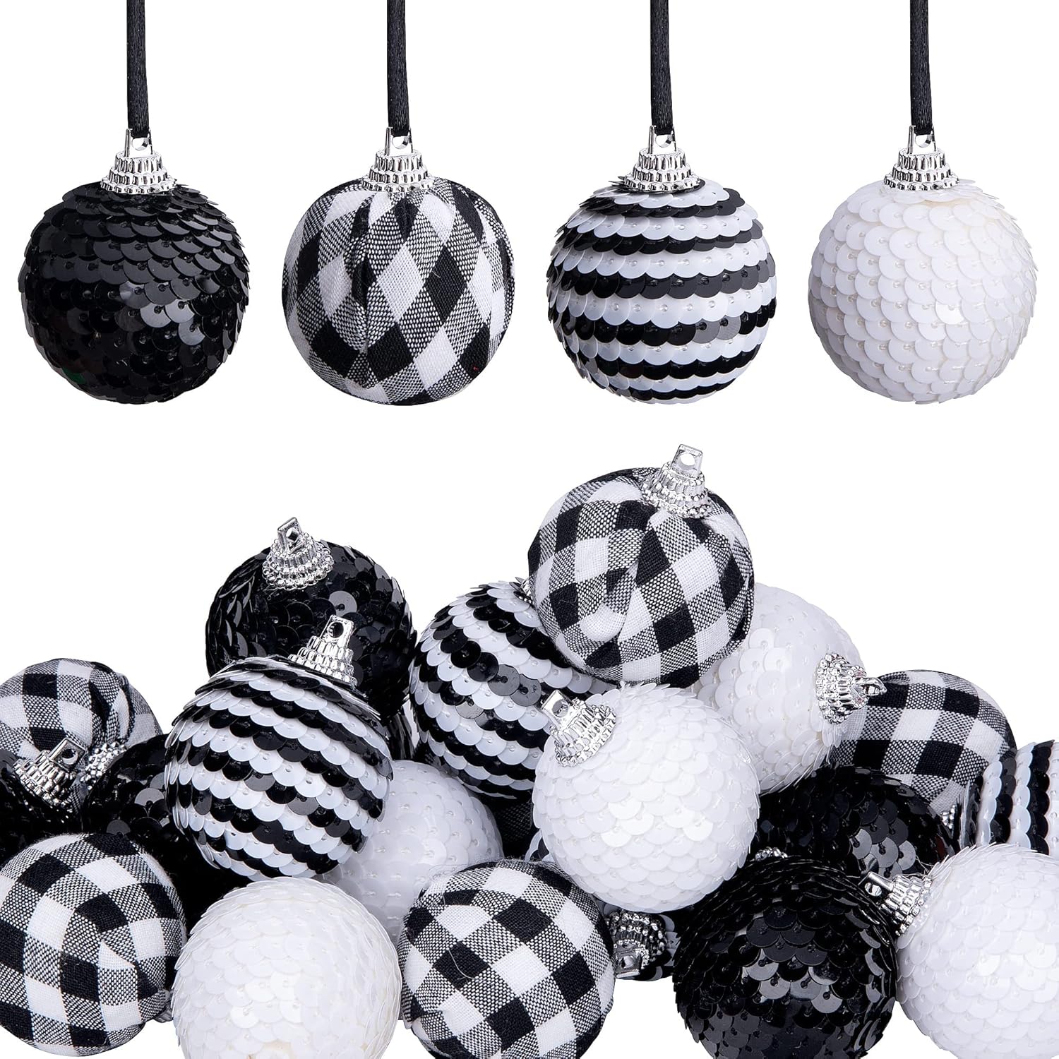 Ornaments - Deloky 24 PCS Christmas Sequin Hanging Ball Ornaments-1.6 Inch Christmas Black and White Buffalo Plaid Ball-Glitter Farmhouse Ball Ornaments for Xmas Tree Fall Party Decor