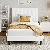 Allewie Twin Bed Frame/Velvet Upholstered Bed Frame with Vertical Channel Tufted Headboard/Strong Wooden Slats/Platform Bed Frame/Mattress Foundation/Box Spring Optional/Easy Assembly/White