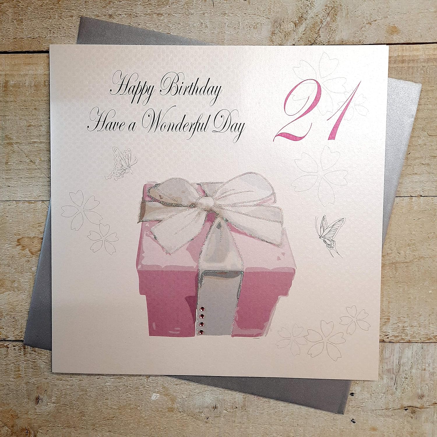 WHITE COTTON CARDS Happy Wonderfu Day, Handmade Large 21st Birthday Card (Pink Present), 22cm x 22cm