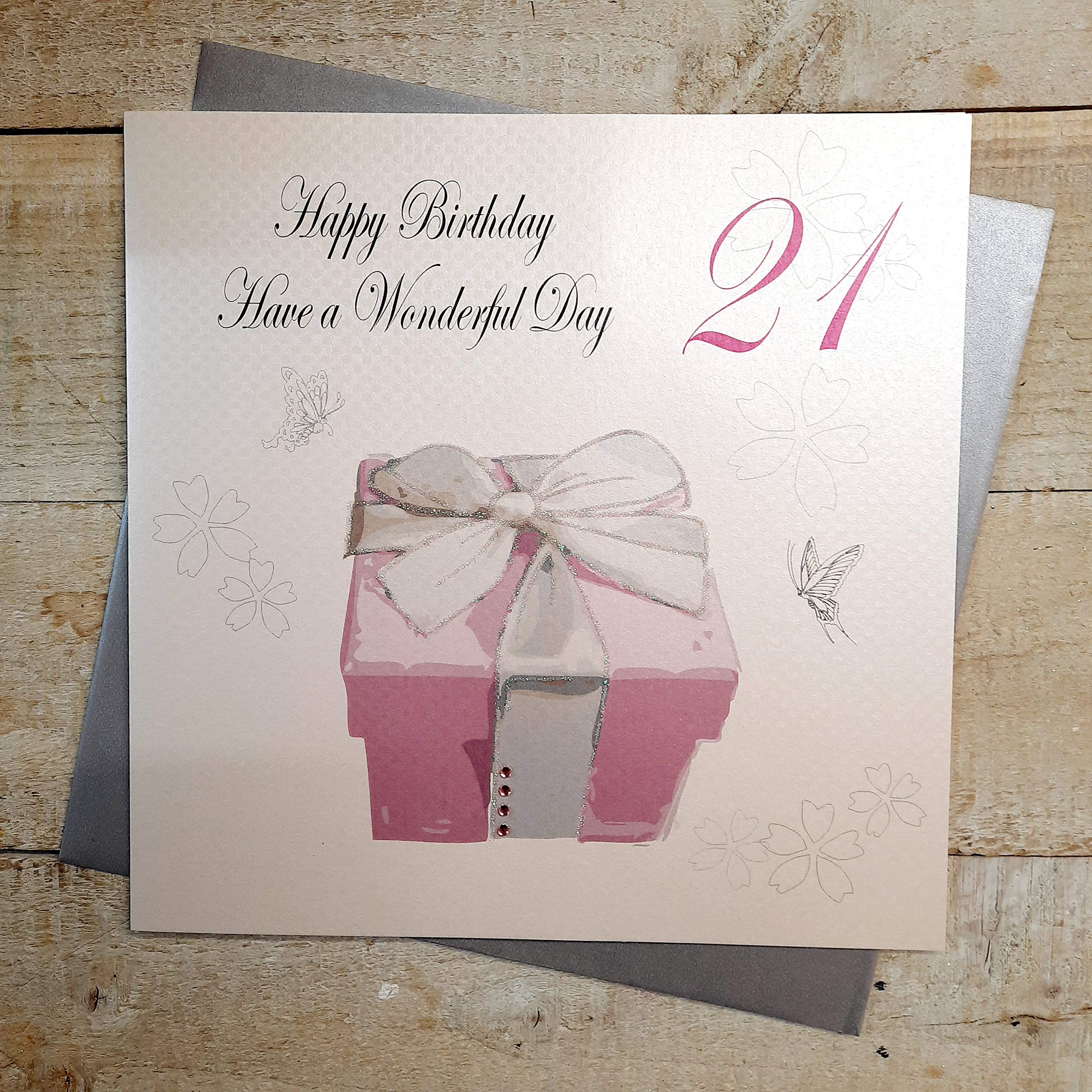 WHITE COTTON CARDS Happy Wonderfu Day, Handmade Large 21st Birthday Card (Pink Present)