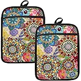 HUGANE Boho Floral Oven Mitts Set, Vintage Luxury Colorful Flower Floral Heat Resistant Kitchen Oven Gloves for Baking and Cooking,Pot Holders