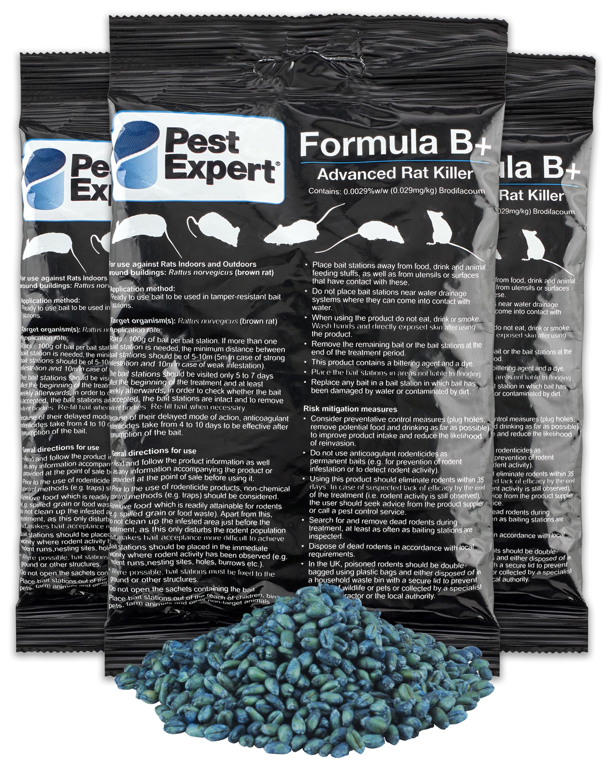 Pest Expert Rat Killer Poison 1.5kg - Formula 'B+' Advanced (15 x 100g) - Fast Acting Maximum Super Strength Single Feed Brodifacoum