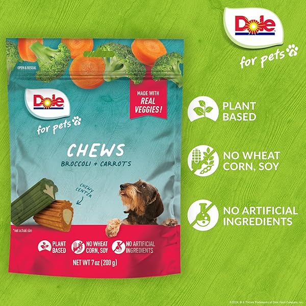 DOLE FOR PETS DOG CHEWS, ASSORTED BROCCOLI + CARROT VEGETABLE-FLAVORED TREATS, NO ARTIFICIAL COLORS FLAVORS OR PRESERVATIVES, NO WHEAT CORN SOY, PLANT BASED DOG TREATS, 7.05 OZ BAG