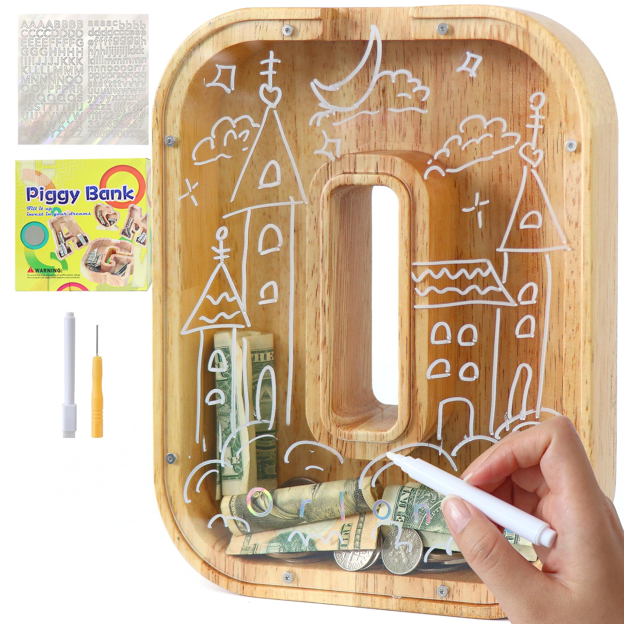 Lakpopya Money Box for Children Boys Girls - Personalised Transparent with Letter Wood A-Z, Target Area, Stickers & Markers - Christening Gift Decoration (O)