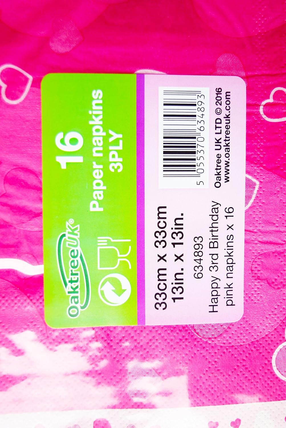 Home Garden 16 X Pink Hearts Happy 3rd Birthday Napkins 3ply