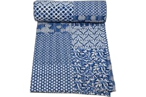 Marubhumi Quilts Indian Handmade Indian Traditional Blankets, Reversible,Pure Cotton Throw Blanket Kantha Quilt, Comforter, Navy - Queen 90 x 108 Inches