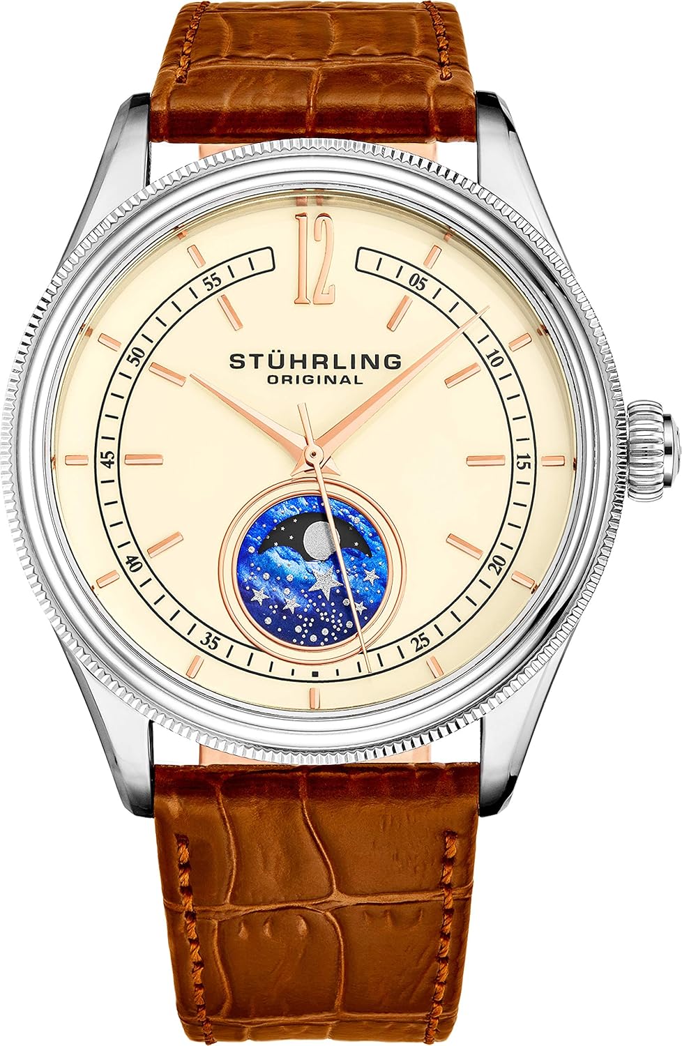 Stuhrling Original Mens MoonPhase Dress Watch Stainless Steel Case and Brown