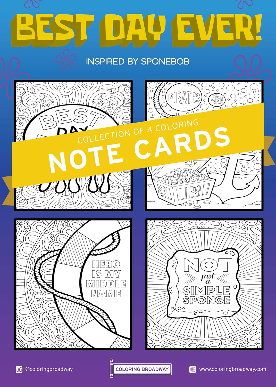 Amazon Coloring Broadway スポンジボブ カラーリングノートカード 封筒付き 手描きイラスト付き マットカードストックに印刷 5インチ X 7インチ 4個セット 紙製品 文房具 オフィス用品