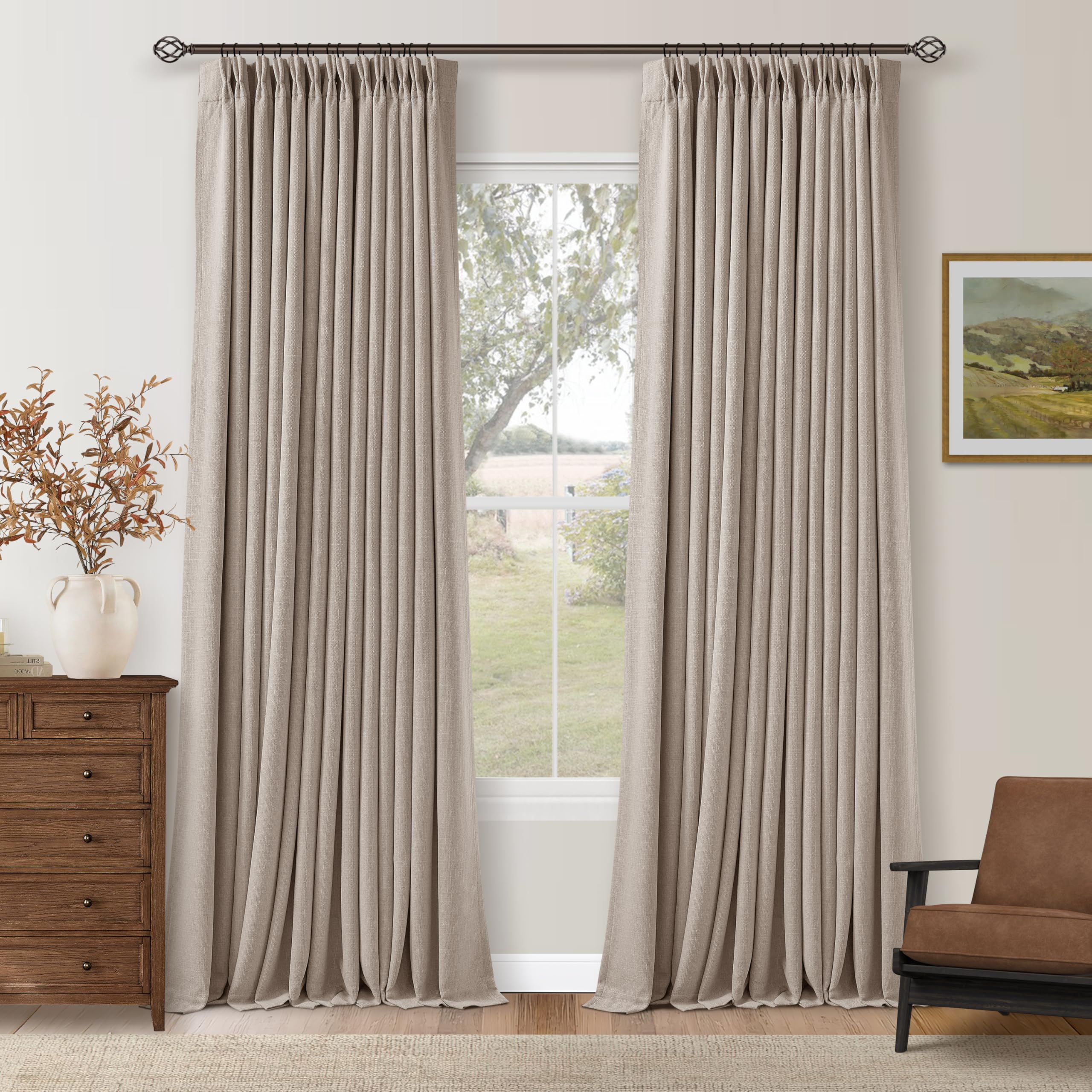 Photo 1 of 108 Inch Pinch Pleat Drapes Greyish Beige Room Darkening Curtains 108 Inches Long for Bedroom Neutral Farmhouse 100% Blackout Thick Linen Double Layer Pleated Curtain 2 Panels Set Burlywood Birch
