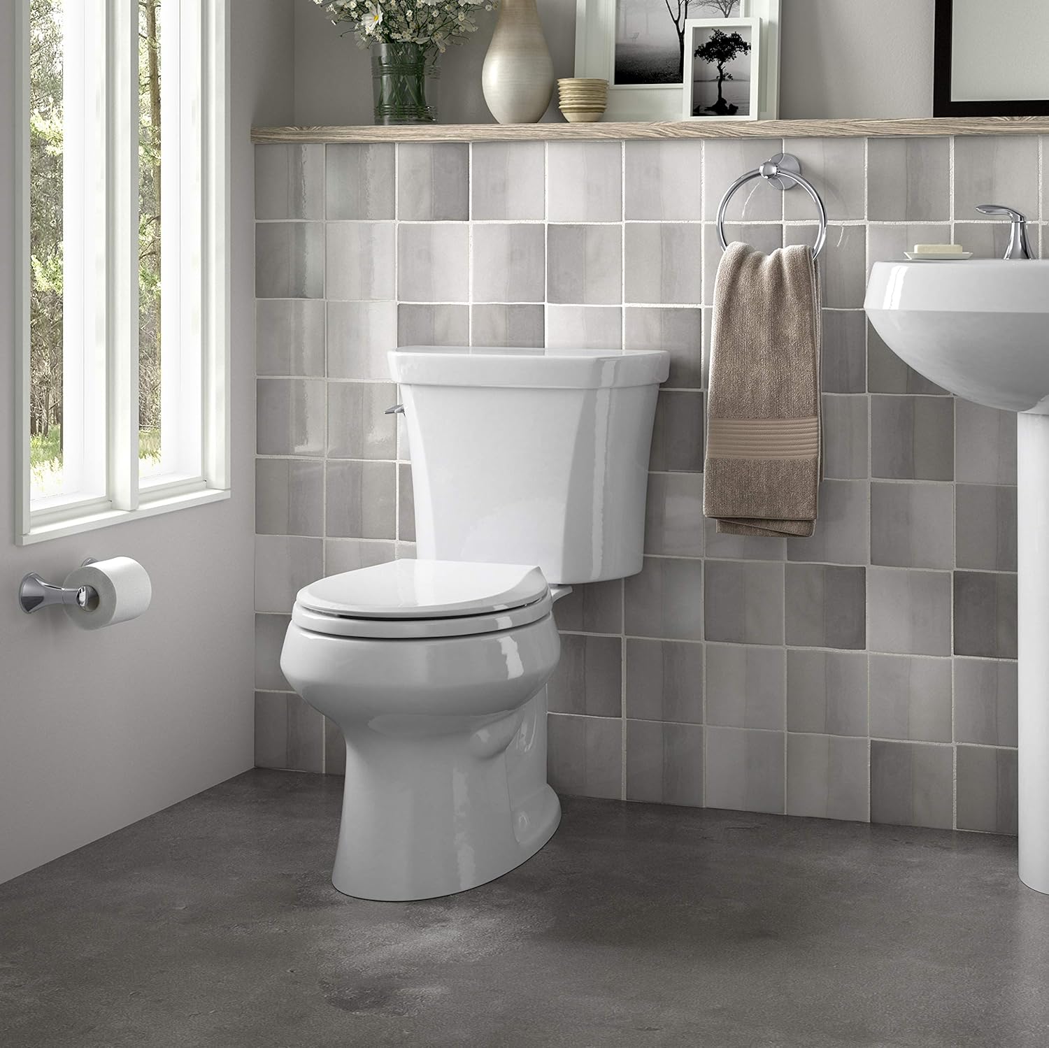 KOHLER K-3987-0 Wellworth Two-Piece Round-Front Dual-Flush Toilet with Class Five Flush System and Left-Hand Trip Lever, White - - 
