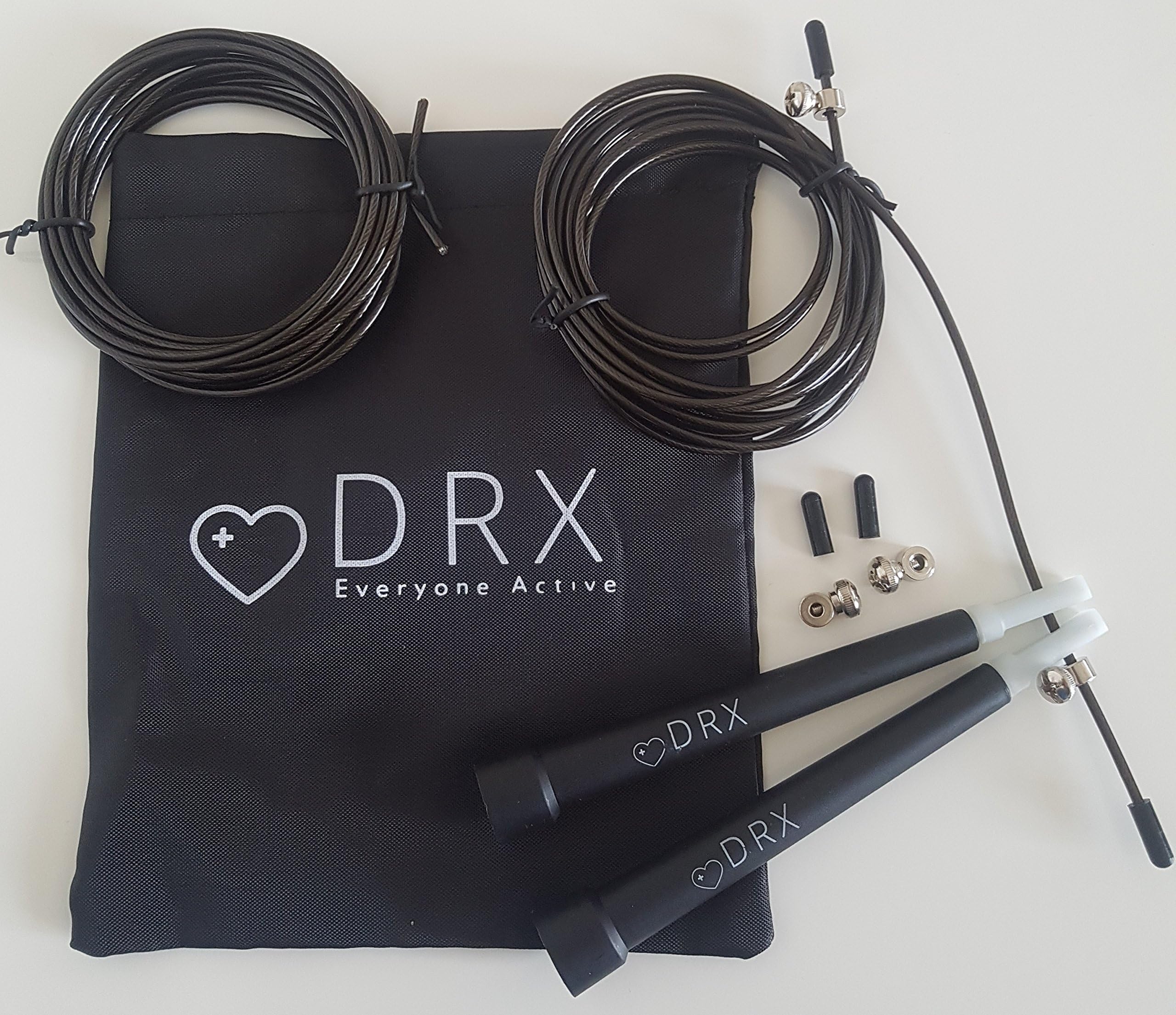 DRX Skipping Rope - Speed & Adjustable Steel Wire Jump Rope - Includes Carrying Bag Spare Cable & Screw Kit - Double Unders,Boxing,Cross Training Fitness and Cardio