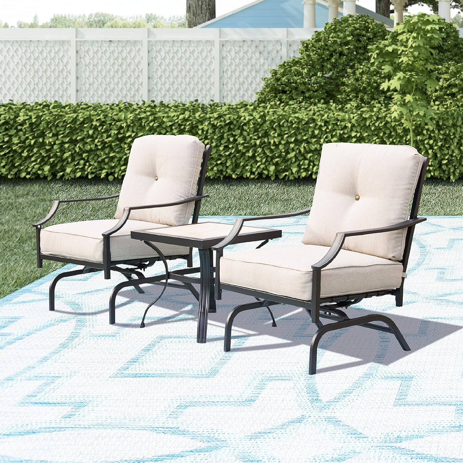 LOKATSE HOME 3 Pcs Patio Bistro Set Outdoor Conversation Furniture Metal Frame Armchair with Cushion & Square Coffee Table, Beige : Garden & Outdoor