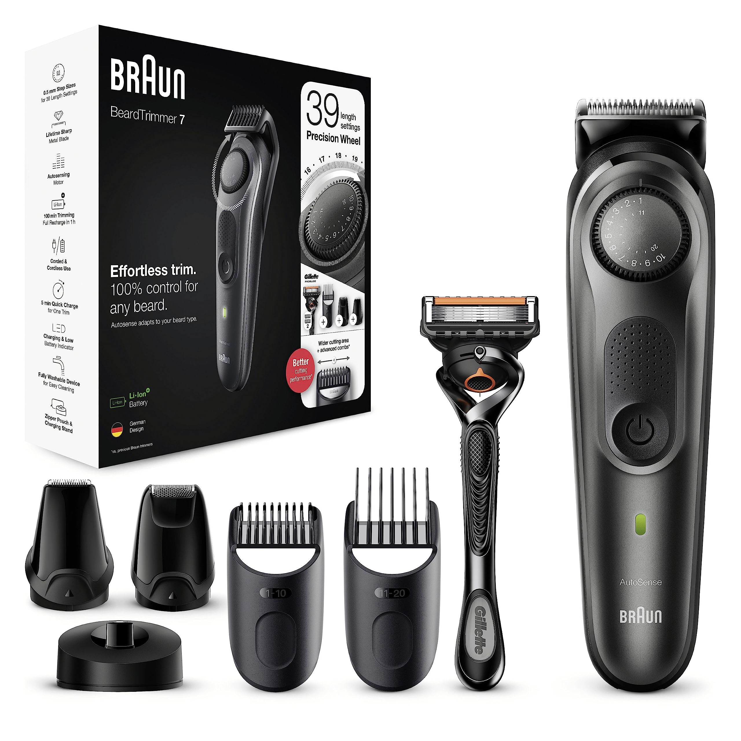 Braun Beard Trimmer Series 7 & Hair Clippers with Gillette Fusion5 ProGlide Razor, 39 Length Settings, Gifts for Men, UK 2 Pin Plug, BT7240, Black/Grey
