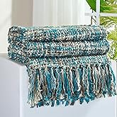 GINAMUSE Multi-Color Teal Cable Knitted Throw Blanket for Couch,50"X60" Boho Style Textured Blankets for Home Decor,Super Soft Warm Cozy Chunky Knit Blanket with Decorative Tassels for Bed and Sofa