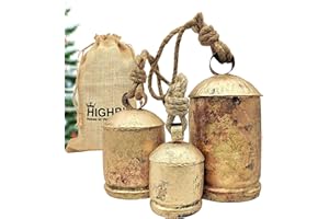 HIGHBIX Set of 3 Giant Harmony Cow Bells Huge Vintage Handmade Rustic Lucky Christmas Hanging XL Bells On Rope (Country Rustic, Large)