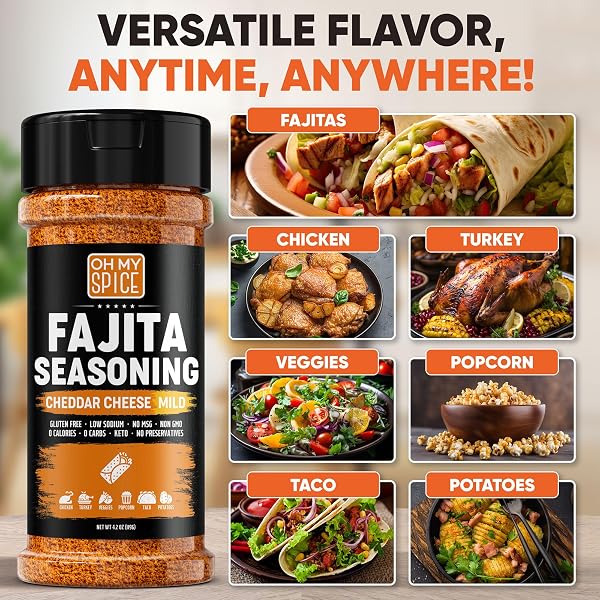 FAJITA SEASONING MIX CHEDDAR CHEESE POWDER – GLUTEN FREE & LOW SODIUM MILD MEXICAN SEASONINGS BLEND FOR MEAT, VEGETABLES, STEAK & CHICKEN FAJITA. NACHO CHEESE POWDER FAJITAS SEASONING SPICE. 4.2OZ