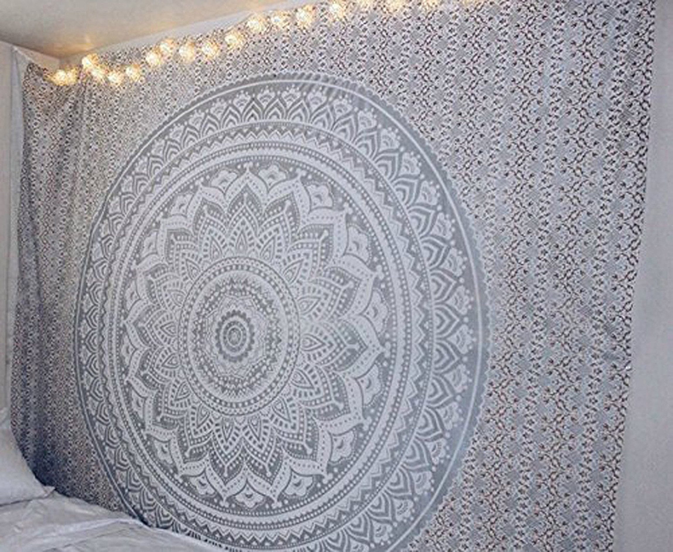 raajsee Grey Silver Mandala Tapestry Wall Hanging/Indian Cotton Boho Bohemian Psychedelic Hippie Throw/A Yoga Mat Beach Rugs Towel Blanket (White Silver Ombre, 210x220cms Queen)