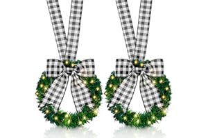 Yunlly 2 Pcs Small Christmas Wreath 14 Inch Mini Cabinet Wreath for Kitchen with Buffalo Plaid Bow Artificial Christmas Wreath for Window Front Door Gate Party Chair Decor(Black, White)