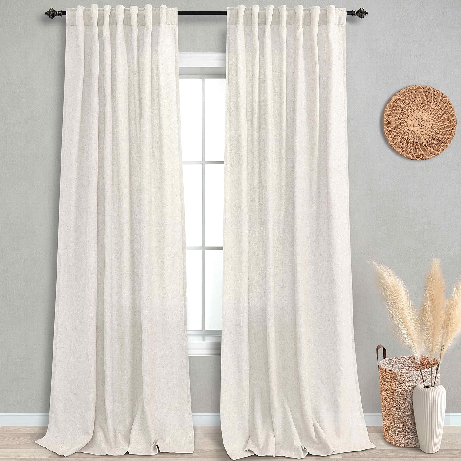 Window Treatments - 102 Inch Long Linen Curtains 102 Length for Living Room,Natural Linen Back Tab Tailored Pleated Pleat Rod Pocket Light Filtering Semi Sheer Curtain for Bedroom Set of 2 Panels,Cream Ivory Beige,8.5FT