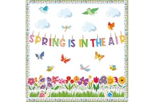 AsodSway Easter Spring Sky Cutouts - 119P Spring is in The Air Bulletin Board Cutouts Classroom Decoration Spring Birds Bees Butterflies Snail Flower Grass Fence Paper Cut Out Spring Party Decoration