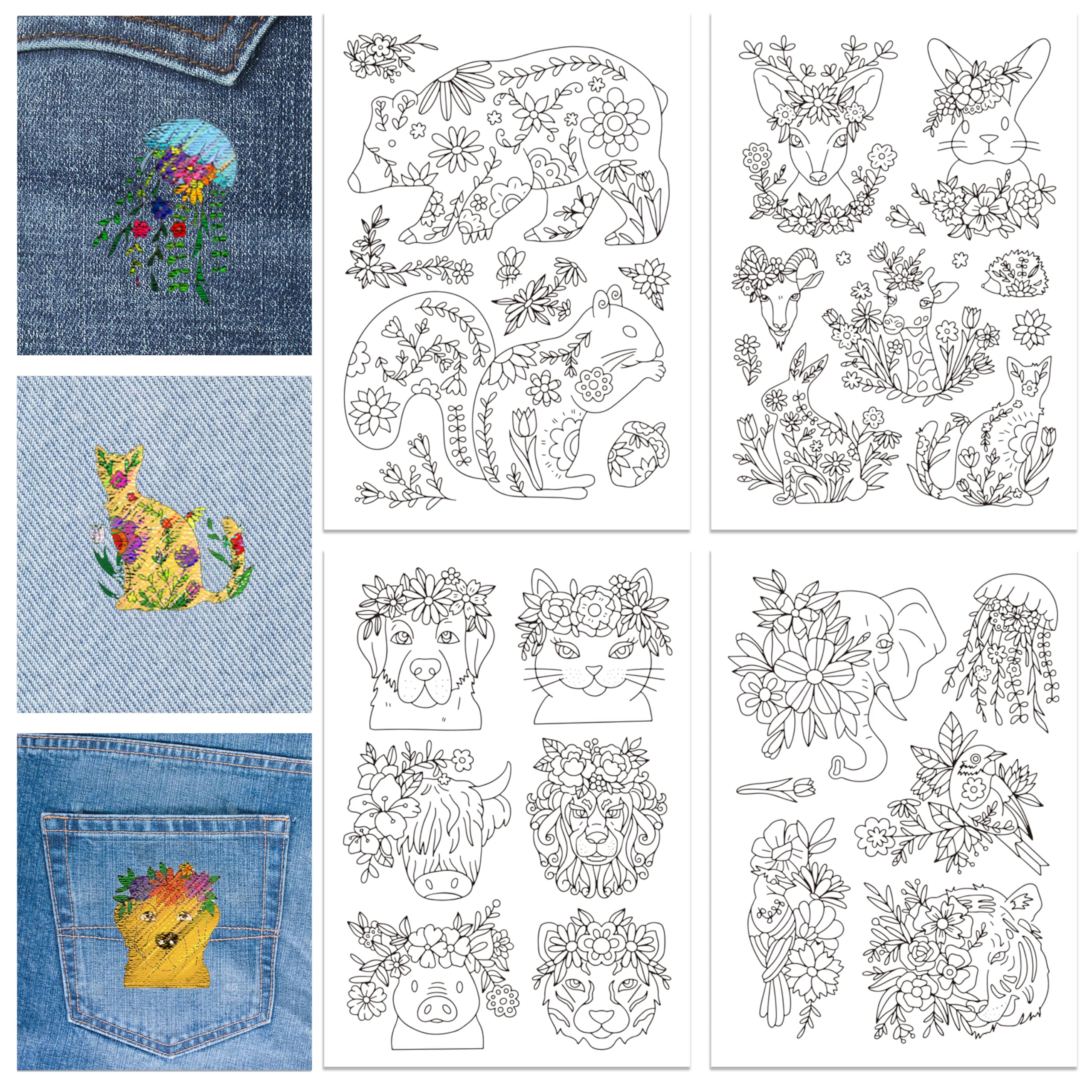 GLOBLELAND 70Pcs Flowers Pattern Water Soluble Hand Sewing Stabilizers Animals Stick and Stitch Embroidery Designs Paper for Fabric Embroidery Stitch Practice Embroidery Patterns Transfers 4 Sheets