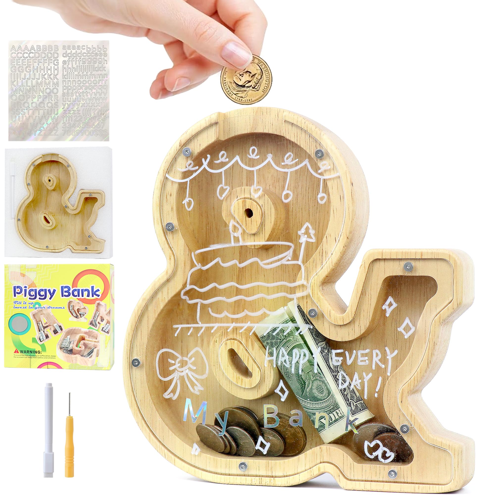 Mikytoper Money Box for Kids Wooden Letter Piggy Banks for Kids Money Box with Target Area Personalized Money Box Clear Money Bank for Gift Decoration Baptism (&)