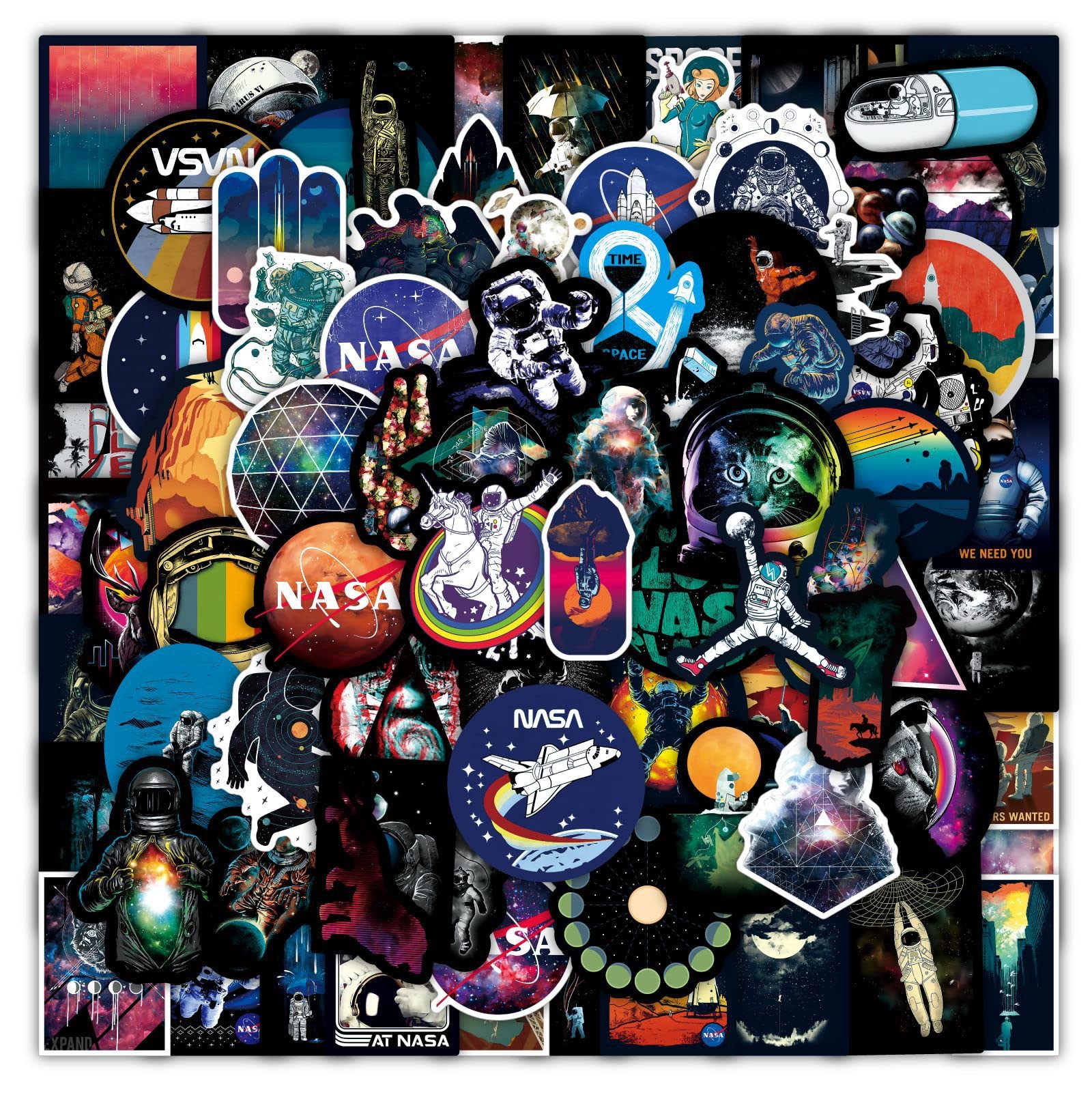 100Pcs NASA Space Stickers, Science Fiction Universe Astronaut Stickers Packs for Children & Youth, Rocket Space Capsule Vinyl Waterproof Decals for Laptops, Guitars, Skateboards