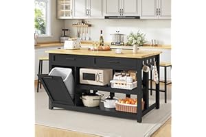 DYNJEST Kitchen Island with Storage and Seating Include 2 Bar Stools, 47" Solid Rubberwood Top Kitchen Island with Trash Can Storage, Power Outlet, 2 Drawers & Open Shelves Cabinet, Dining Table for 2, Black