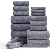 Ycosy 18 Piece Bath Towels Set,100% Microfiber Family Bathroom Towel with Hanging Loops-6 Bath Towels,6 Hand Towels,6 Washcloths,Quick Dry Highly Absorbent Shower Towel for Bathroom,Hotel,Spa-Navy