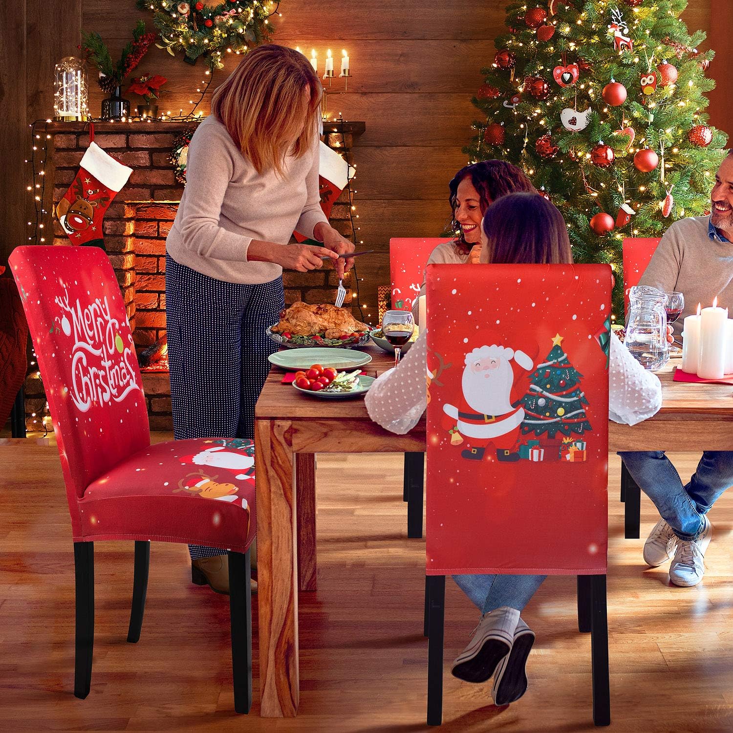 Christmas Dining Chair Covers, Spandex Stretch Removable Washable Dining Chair Protector Slipcovers, Parsons Chair Cover for Dining Room, Christmas Decoration for Home, Kitchen ,Wedding Party,Set of 4: Home & Kitchen