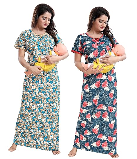 Women's Beautiful Print with V Pattern Floral Print Nighty/Maternity/Nursing Nighty Smart Combo (Pack of 2)(Length:54