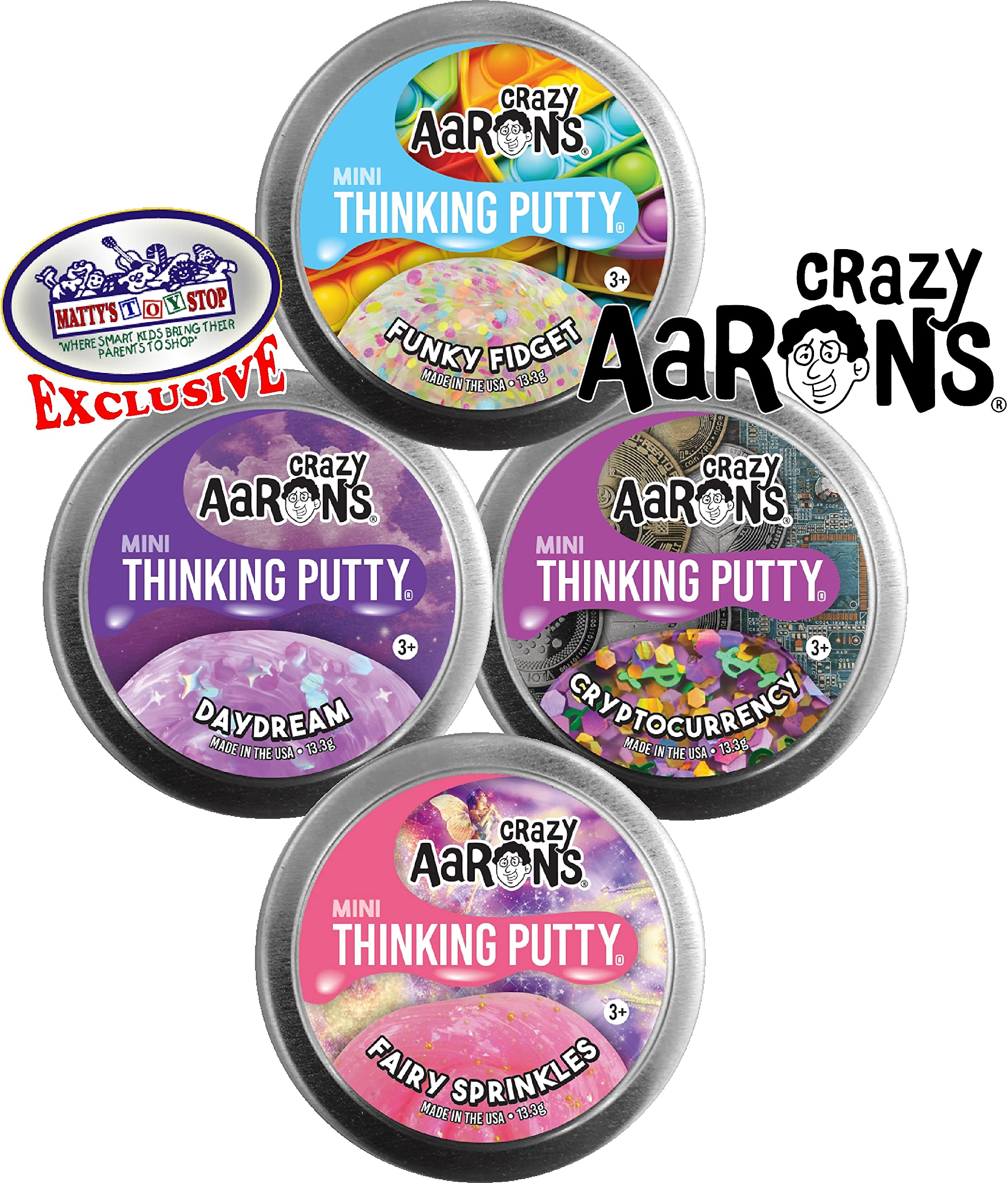 Matty's Toy Stop Crazy Aaron's Putty Mini Tins Funky Fidget, Daydream, Cryptocurrency & Fairy Sprinkles Gift Set Bundle - 4 Pack (13.3g Each)