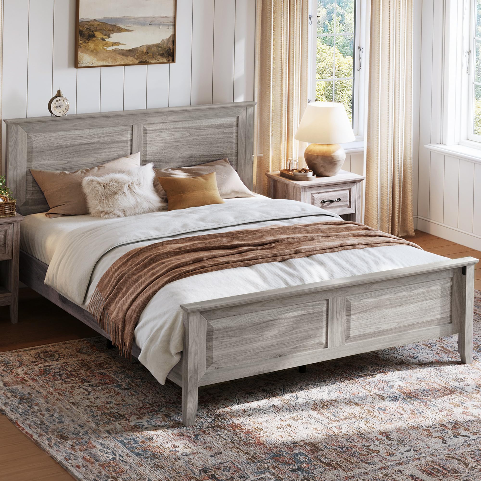 Photo 1 of LINSY Farmhouse Bed Frame, Full Bedframe with Headboard and Footboard, Wooden Bed Frame with Solid Wood Slats, Rustic Grey Platform Bed Frames Full Size, No Box Spring Needed