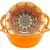 Boho Ceramic Serving Bowls with Handles Set of 2, Ceramic Large Serving Bowls, 40 Oz Porcelain Salad Bowls, Large Serving Dishes for Entertaining, Nesting Mixing Bowls for Soup,Stew,Fruits,Dinner