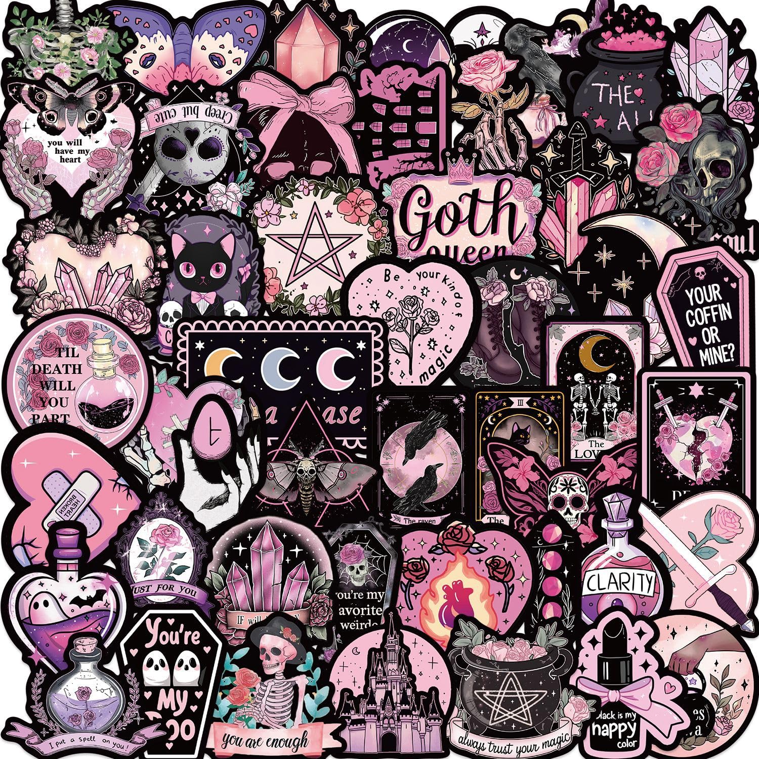50Pcs Cool Goth Stickers Laptop Car Scrapbook Phone Skateboard Suitcase Luggage Bike Black Pink Gothic Vinyl Waterproof Aesthetic Personalised Stickers for Teens Boys Girls Adults