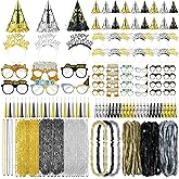 Capoda 192 Pcs New Years Eve Party Supplies 2026 Decorations Kit for 48 Guest with Happy New Year Cone Hat Tiara Headband Glasses Bead Noisemaker Horns Lei Necklace