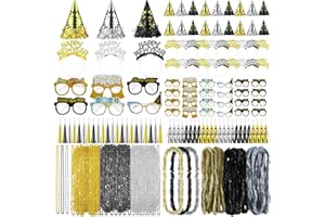 Capoda 384 Pcs New Years Eve Party Supplies 2026 Decorations Kit for 96 Guest with Happy New Year Cone Hat Tiara Headband Glasses Bead Noisemaker Horns Lei Necklace
