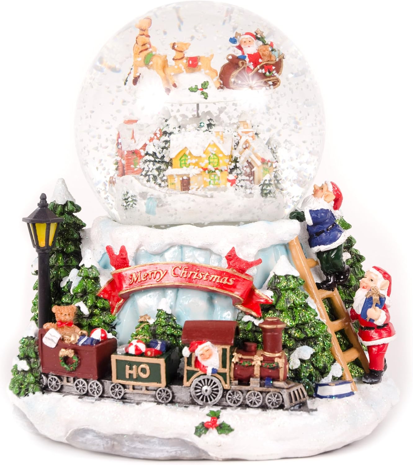 Elf Train Scene Musical Animated Snow Globe Christmas Decoration