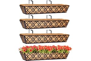 Y&M 4pcs 30" Horse Trough Window Boxes with Coconut Coir Liner, Black Metal Hanging Flower Planter Deck Railing Planter Boxes for Outdoor Indoor