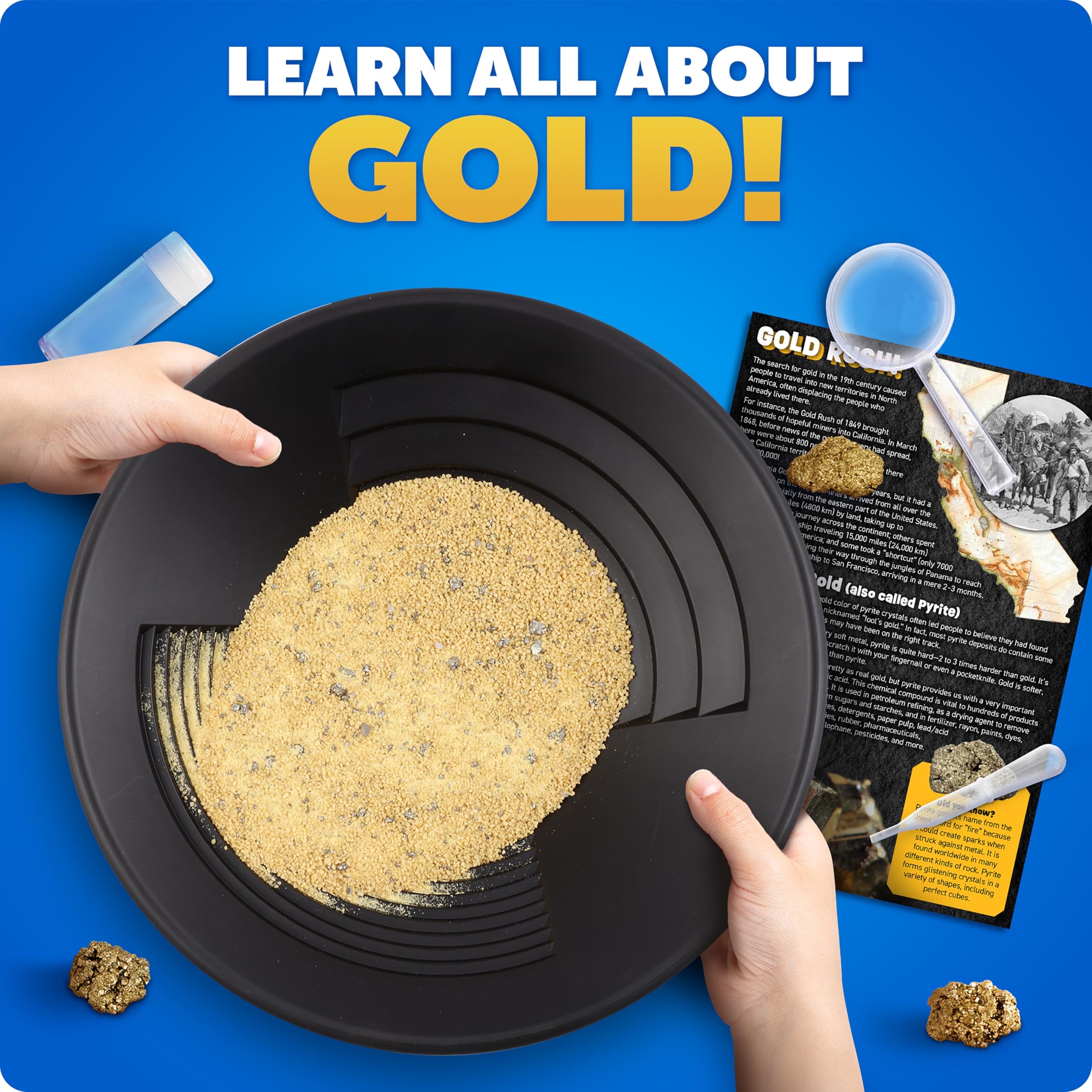 Blue Marble Gold Panning Kit for Kids - Learn to Pan for Gold, Includes Pay Dirt with Real Pyrite Specimens, Reusable Panning Pan, Vial, Tweezers & More