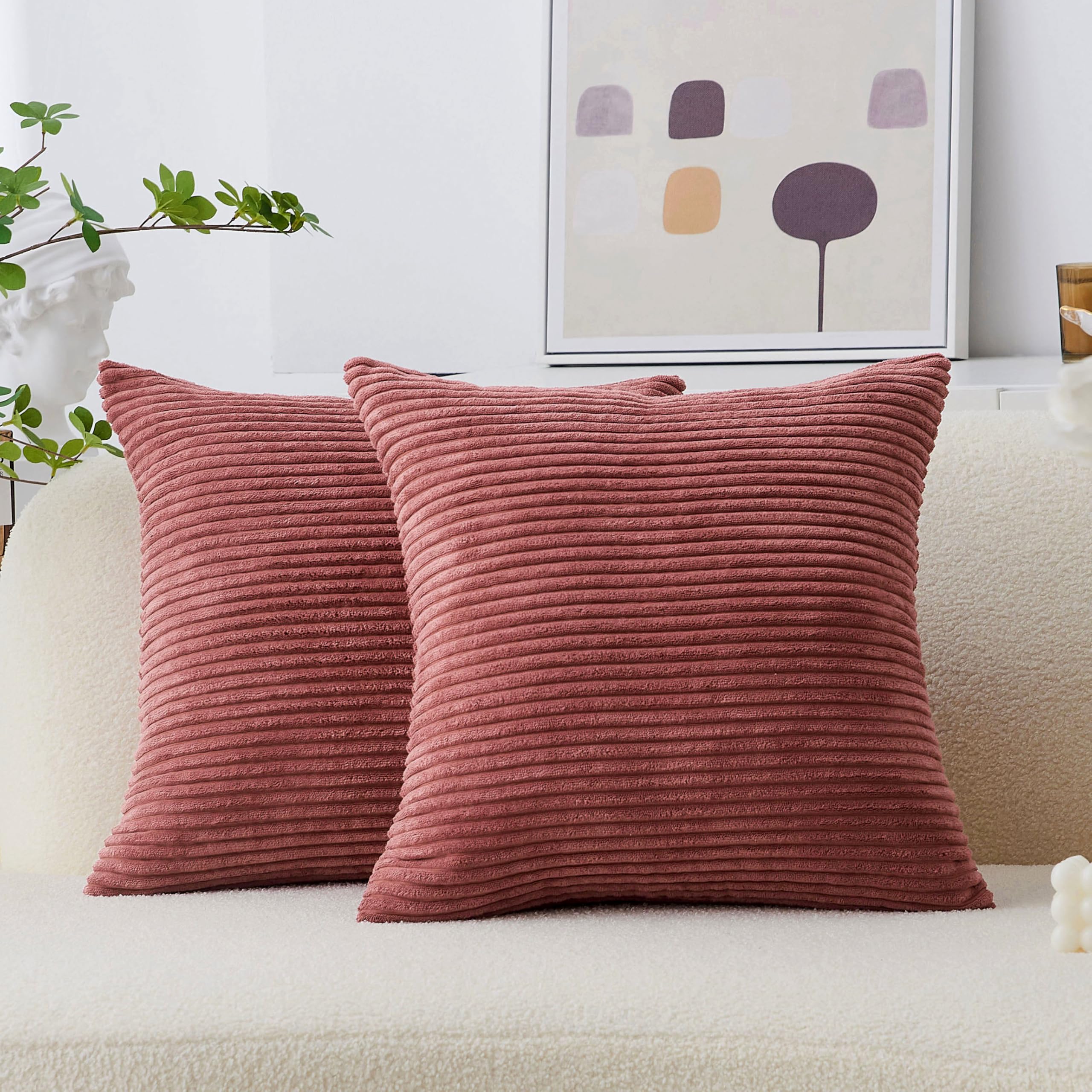 Photo 1 of Home Brilliant Set of 2 Throw Pillow Covers Striped Velvet Couch Pillow Cushion Covers Decorative Throw Pillows for Bed, 40 x 40cm, 16 x 16 Inch, Dry Rose Pink