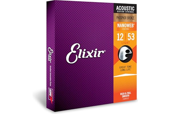 Elixir Strings, Acoustic Guitar Strings, Phosphor Bronze with NANOWEB Coating, Longest-Lasting Rich and Full Tone with Comfortable Feel, 6 String Set, Light 12-53
