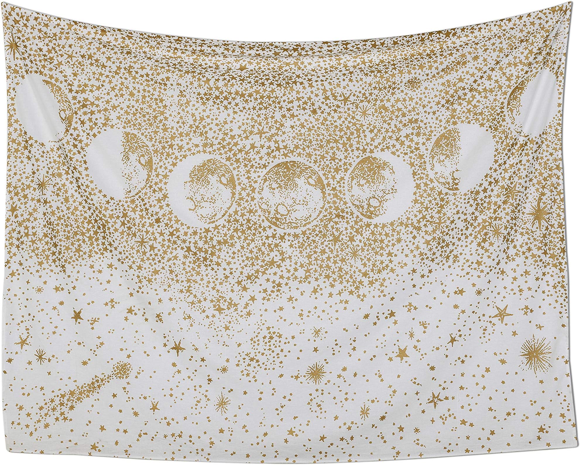Sky Moon Phases Tapestry Wall Hanging for Room Décor, Queen (70 X 54 Inches) | Aesthetic Wall Blanket, Bedspread Bohemian Cloth Wall Art | Stardust Indian Hippie Wall Blanket for Bedroom - Gold & White