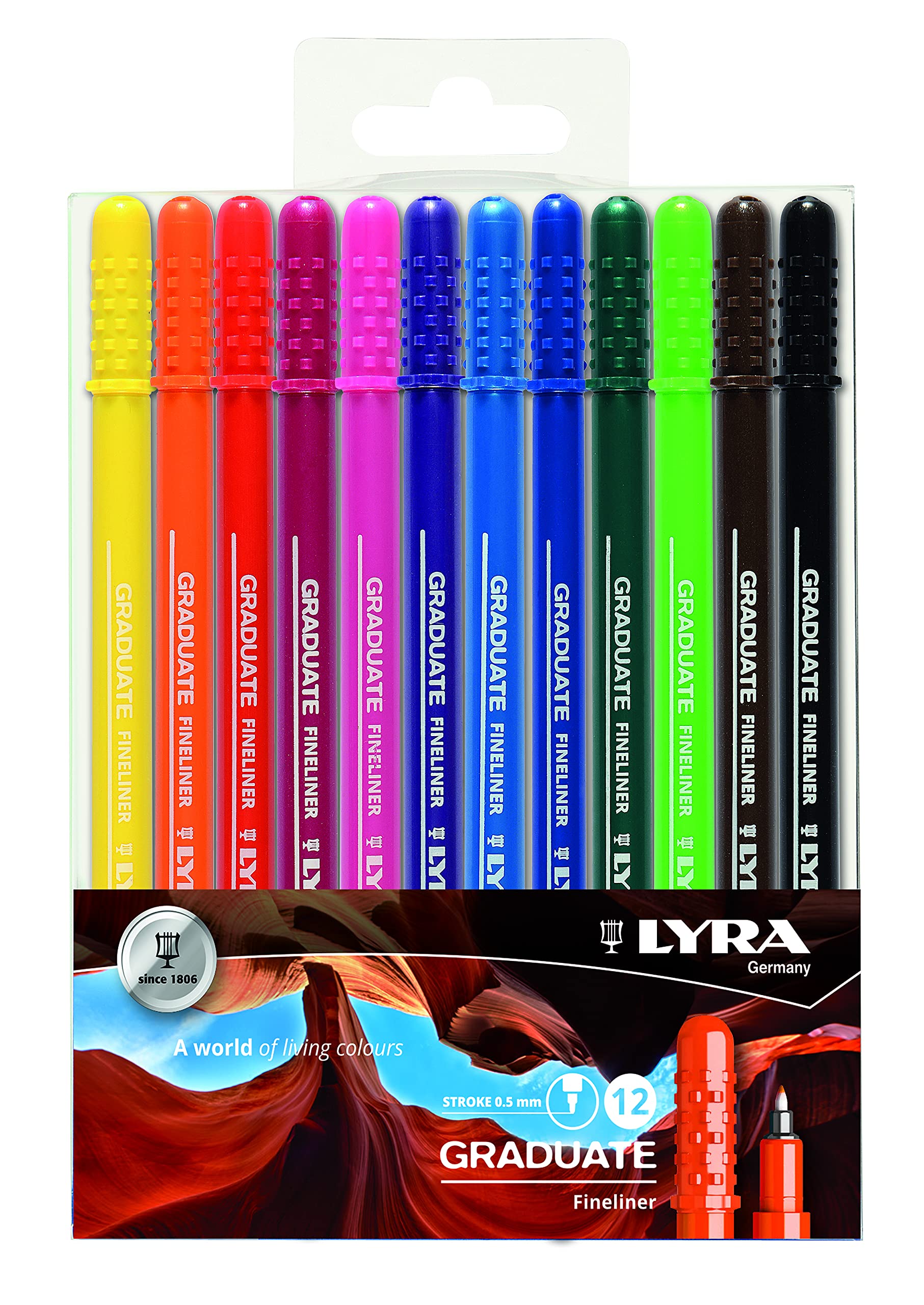 LYRA Graduate Synthetic Fine Tip Fineliner, 12 Pieces in Assorted colours, Ideal for Students and Schools